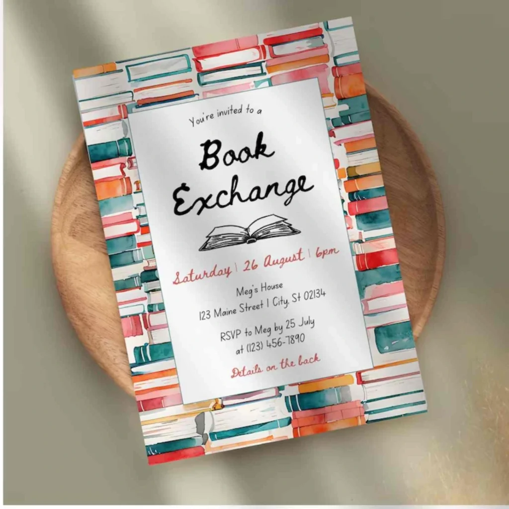 book swap party invitation that can be personalised on canva