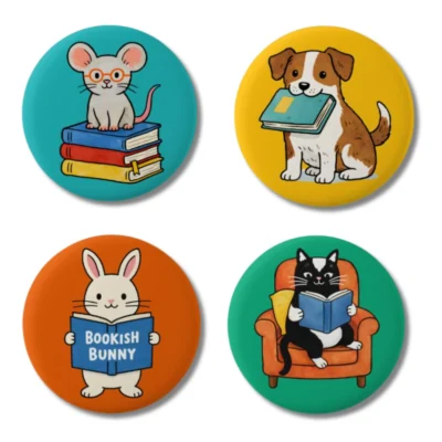 bookish badge set – cute reading animals pin badges