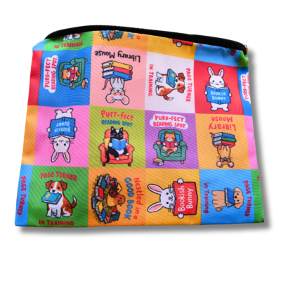 bookish animals zip pouch – colourful book lover accessory bag
