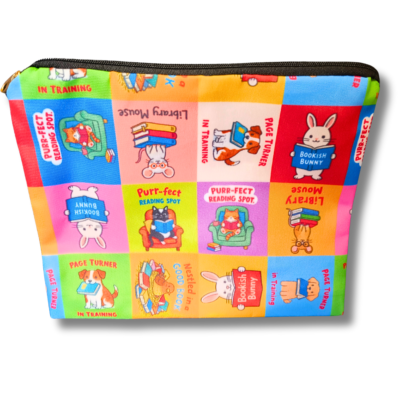 Flat lay of bookish animals polyester zip pouch showing full grid print with reading cats, dogs, bunnies and mice characters