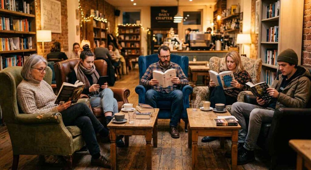 What Happens at a Silent Book Club? A medium-wide shot of 4-5 people in a cozy, warm-lit café. They are seated in comfortable armchairs arranged in a loose circle. Crucially, none are looking at each other; they are all completely absorbed in their own books (some physical, one Kindle). There are half-empty coffee cups on the tables. The lighting is golden and inviting.