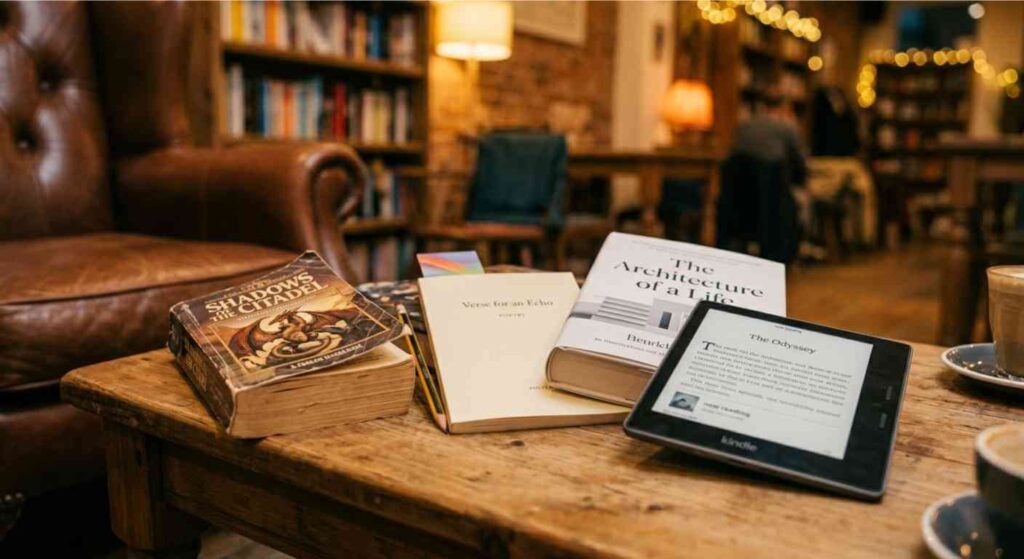 What Happens at a Silent Book Club? A close-up shot of a small coffee table or side table at the venue. Several completely different books are piled or fanned out: perhaps a chunky fantasy paperback, a slender poetry volume, a new literary fiction hardcover, and an e-reader lying next to them. This visually confirms that "no required reading" exists.