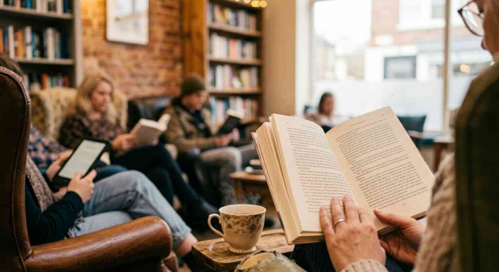 What Happens at a Silent Book Club? A softly focused shot looking down the line of sight of someone reading a physical book. The foreground shows their hands holding the pages and perhaps a cup of tea. In the background (slightly blurred, but visible), other attendees are visible in similar quiet poses. The atmosphere should feel peaceful, perhaps with soft daylight coming through a window.
