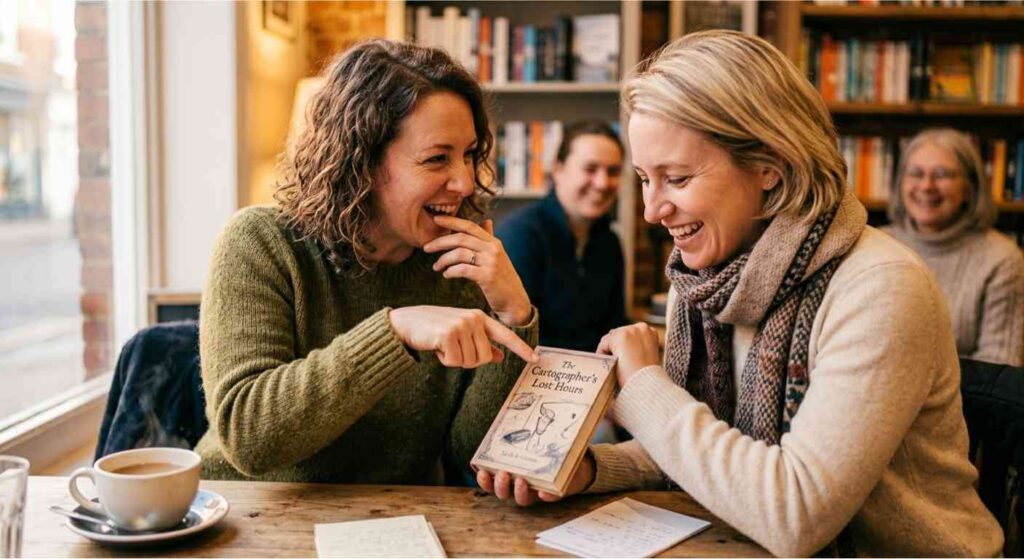 What Happens at a Silent Book Club? Two or three people are sitting closer together, laughing or looking engaged. One person is gesturing with their hand as they talk, and they are pointing to a specific page or the cover of the book they just finished reading. It looks less like a "book analysis" and more like friends sharing a discovery.