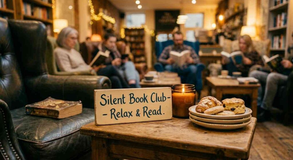 What Happens at a Silent Book Club? A shallow depth-of-field shot focused on atmospheric details on a side table: a lit scented candle, a stack of small plates with simple pastries (like croissants or cookies), and a small, handwritten sign that says "Silent Book Club - Relax & Read."