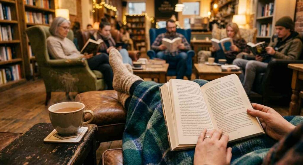 What Happens at a Silent Book Club? A first-person perspective shot. The view looks down past a pair of legs in fuzzy socks or a soft blanket, resting in a comfortable chair. A book is open in the lap, and a steaming mug is nearby. This image visualizes the "intentional time to slow down" and "self-care" you mention.